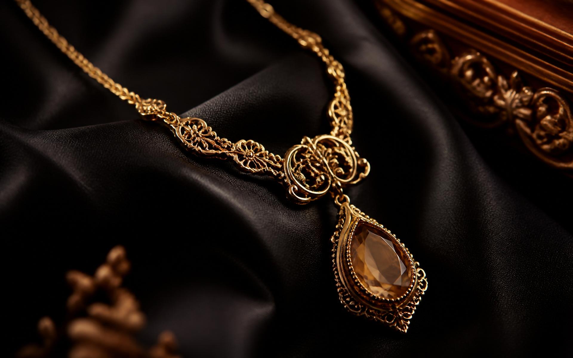 Antique gold necklace on black silk
